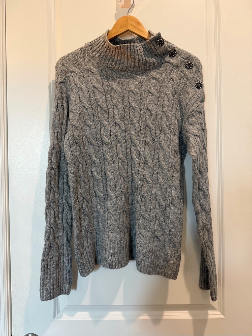 St. John’s Bay Gray Cable Knit Mock Neck Sweater Jeweled Buttons Size Small